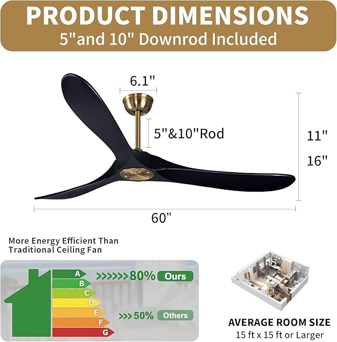 Bigzone 60" Black Ceiling Fan Without Light, DC Motor Quiet Energy Saving,3 Balsa Black Wood Blades,Wood Ceiling Fan With Remote Control, Reversible Blades