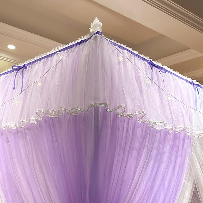 Mengersi Canopy Bed Curtains with Lights,4 Corner Bed Canopy Royal Luxurious Bed Drapes Netting,Princess Bed Curtains for Girls Adults Bedroom Decoration (Purple, Twin)