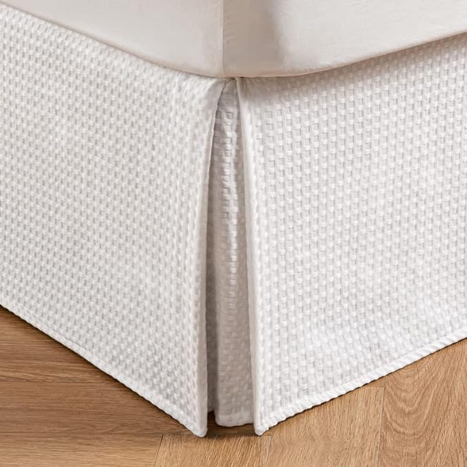 MIYE Pleated Waffle Weave Bed Skirt, Tailored Dust Ruffle 22 Inch Drop Easy Fit, Machine Washable (White, King - 22" Drop)