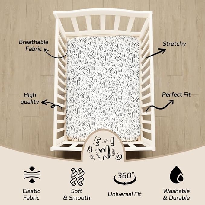 4 Pack Fitted Pack N Play Sheets for Baby Boys Neutral Unisex Breathable Soft Toddler Mini Crib Sheets for Pack and Play Mattress (Letter Print)