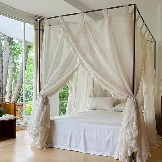 Elegant Modern Linen Princess 4 Corner Post Mosquito Net Romantic for Girls Women Bed Curtain Canopy for Adult Wedding Bedroom Kids Rooms Decoration (White-Beige, Full)