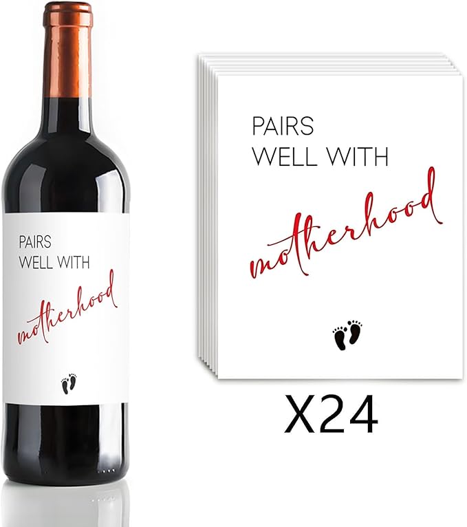 24 Pcs Funny New Mom Wine Label Pairs well with Motherhood Wine Bottle Labels New Baby Gift Wine Bottle Stickers New Mom Mother's Day Gifts for Mother Mommy