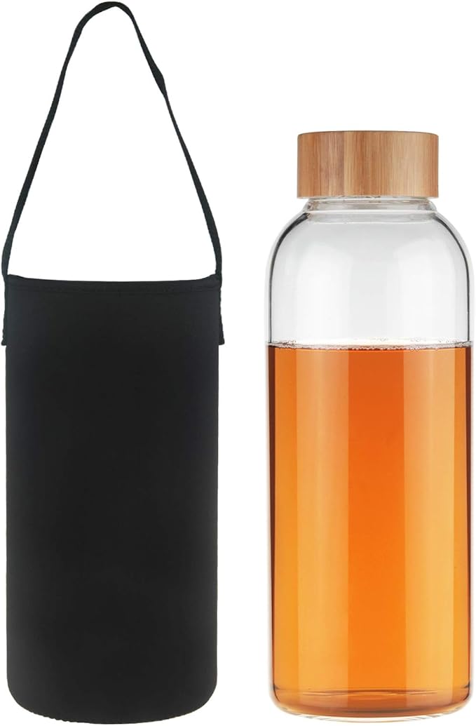 48 oz Sports Borosilicate Glass Water Bottle with Bamboo Lid with Neoprene Sleeve