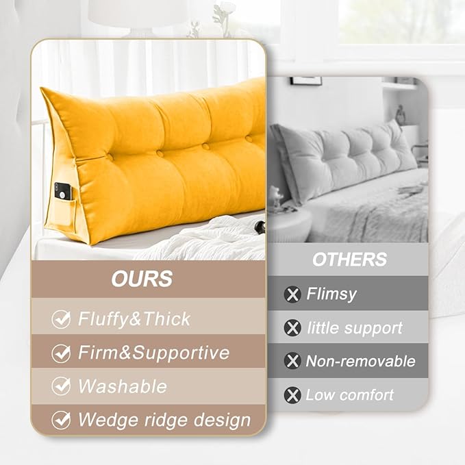 Large Triangular Headboard Pillows Long Backrest Positioning Support Bolster Cushion for Daybed Fluffy Quality Plush Body Wedge Pillow with Removable Cover(Light Yellow-Cal King-71x8x20 in)