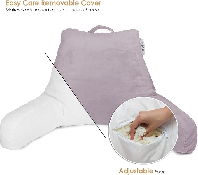 Nestl Reading Pillow Standard Bed Pillow, Back Pillow for Sitting in Bed Shredded Memory Foam Chair Pillow, Reading & Bed Rest Pillows Dusty Purple Back Pillow for Bed Chair Arm Pillow with Pockets