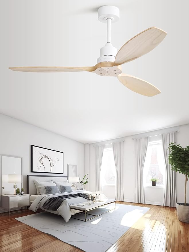 Sofucor 52" Ceiling Fan no Light with 3 rods, Outdoor Ceiling Fan without Light, Modern Ceiling Fan with Remote and Quiet Energy Saving Motor, 6 Speeds, Light Wood Blade & White Downrod