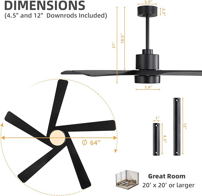 WINGBO 64" ABS DC Ceiling Fan with Lights, 5 Blade ABS Plastic Ceiling Fan with Remote, 6-Speed Reversible DC Motor, LED Ceiling Fan for Kitchen Bedroom Living Room, Matte Black