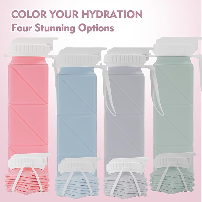 20 oz Water Bottles Collapsible (Set of 4) | BPA Free Leakproof Lightweight Foldable Silicon Water Bottles | Twistable Water Cup | for Travel Gym Hiking Camping Running Cycling Sports