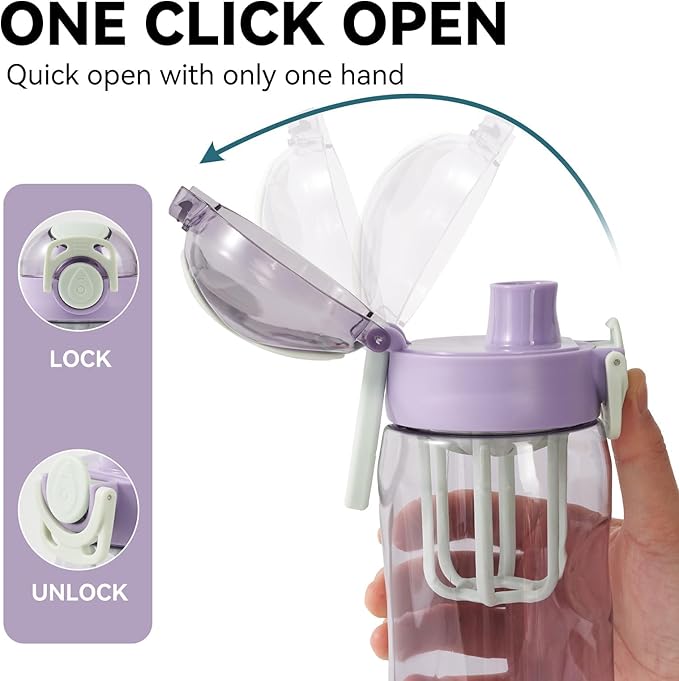 28oz Water Bottle with Fruit Infuser Strainer, BPA-Free Sports Water Bottle, One-Click Clear Water Bottle with Safety Lock for Office, Gym, Outdoors, Purple