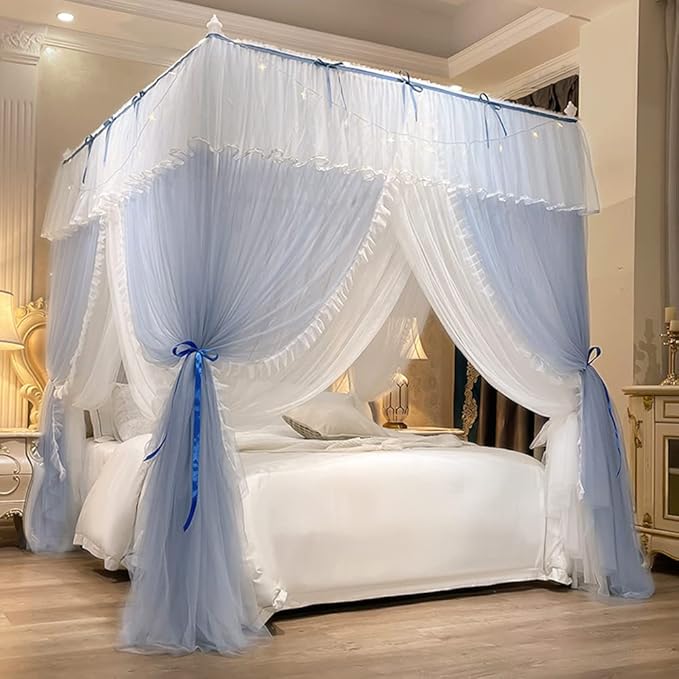 Mengersi Canopy Bed Curtains with Lights,4 Corner Bed Canopy Royal Luxurious Bed Drapes Netting,Princess Bed Curtains for Girls Adults Bedroom Decoration (Gray Blue, Queen)