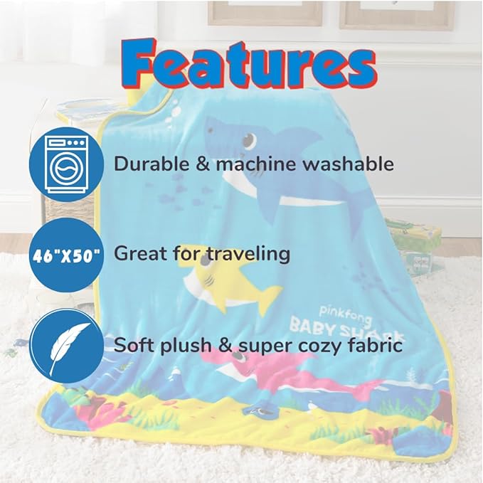 Franco Baby Shark Kids Bedding Super Soft Silk Touch Throw, 40 in x 50 in, (Official Licensed Product)