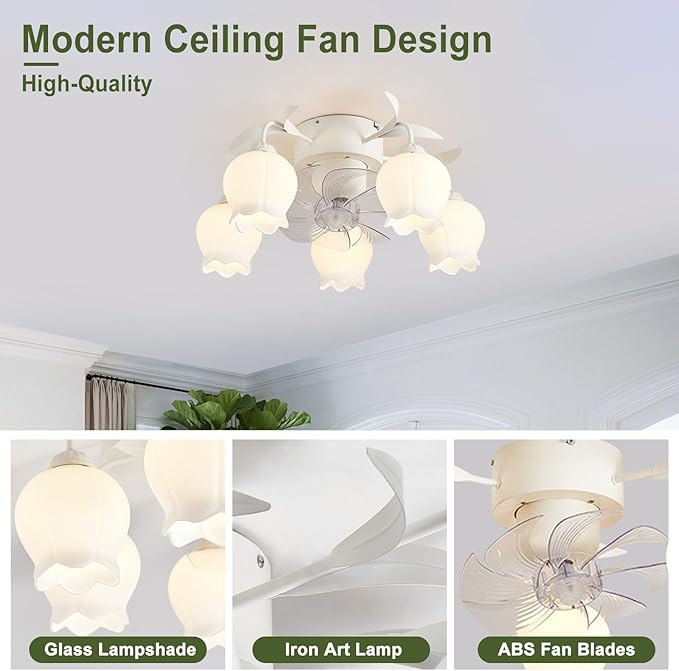 Flower Ceiling Fan with Light: White Flower Fan Lights for Girls Bedroom - Flush Mount Fandelier for Living Room - 5-Light Modern Chandelier with Fan for Home Decor Enthusiasts