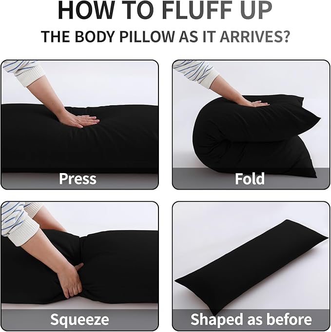 Memory Foam Body Pillow with Removable 100% Cotton Cover, Fluffy Full Body Pillows for Adults, Large Long Bed Pillow for Sleeping, Firm & Supportive (20x54 inch, Black)