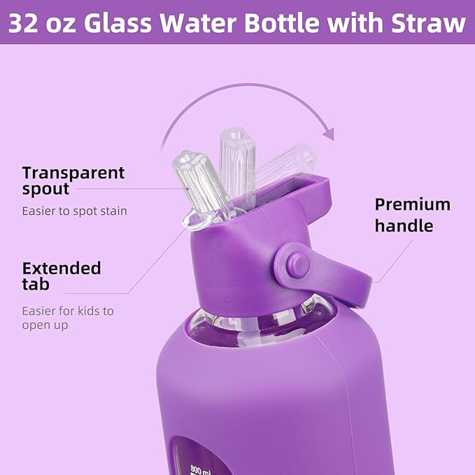 32 oz Glass Water Bottles with Straw Borosilicate Glass Water Bottle with Time Marker Motivational Water Bottles with Silicone Sleeve Leak Proof Reusable BPA Free