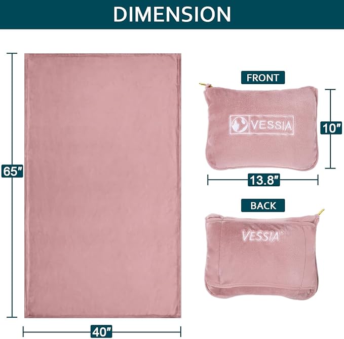 Vessia Travel Blanket for Airplane, Train and Car, Warm and Soft Travel Blanket and Pillow 2 in 1 for Adults and Kids, Portable Compact Long Flight Blanket with Luggage Sleeve, Backpack Clip(Pink)