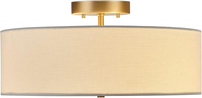 Globe Electric 60998 2-Light Flush Mount Ceiling Light, Matte Brass, White Linen Shade, Kitchen, Lights, Bathroom, Home Essentials, Bedroom, Closet Light, Lighting Fixtures, Dining Room