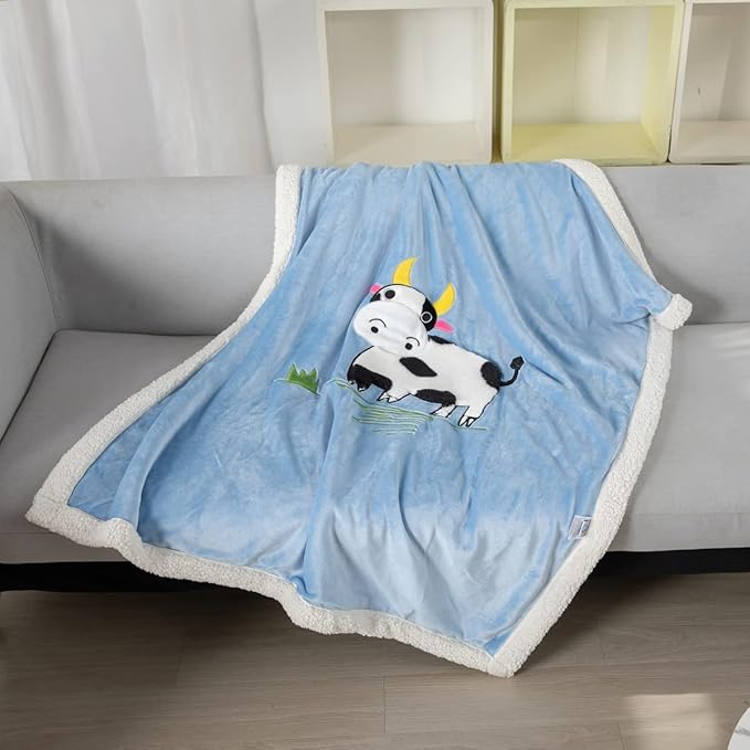 COSUSKET Kids Cow Throw Blanket, 3D Animal Embroidery Sherpa Blanket Girls Boys Gifts