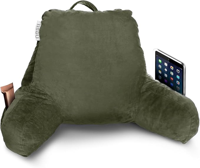 Nestl Reading Pillow for Kids, Small Bed Pillow, Back Pillow for Sitting in Bed, Memory Foam Chair Pillow, Reading & Bed Rest Pillows, Olive Green Back Pillow for Bed, Arm Pillow with Pockets