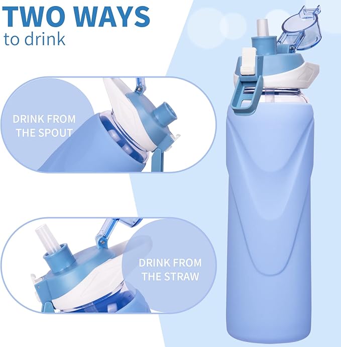 32 oz Sports Glass Water Bottle with Straw & Silicone Sleeve Reusable BPA-free Borosilicate Glass Drinking Bottle with Flip Top Lid & Handle Wide Mouth (Sky Blue)