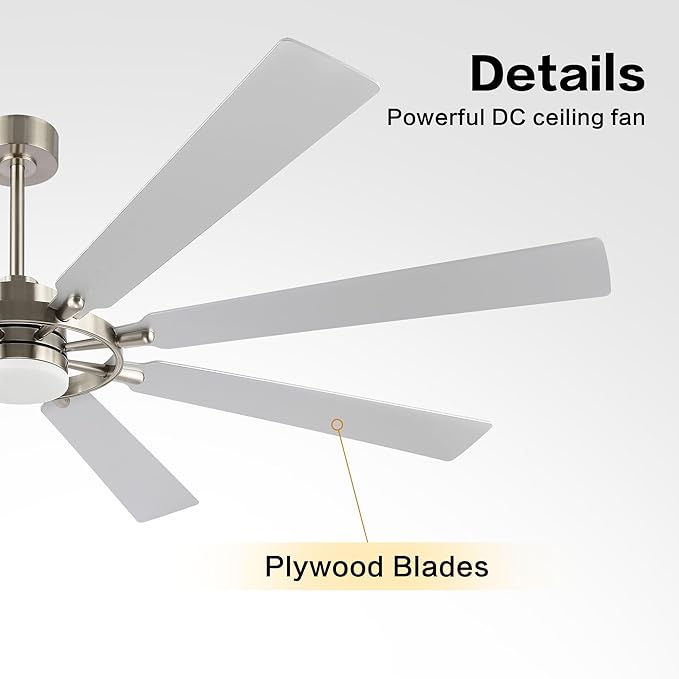 80" Ceiling Fan with Lights and Remote Control, Wood 8 Blades 6-Speed Noiseless Reversible DC Motor, 3 Downrods, Modern Large Ceiling Fan for Bedroom Dining Living Room, Nickel Finish+Silver