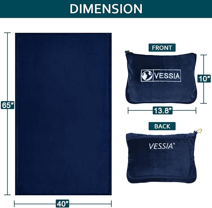 Vessia Travel Blanket for Airplane, Train and Car, Warm and Soft Travel Blanket in Bag for Adults and Kids, Portable Compact Long Flight Blanket with Luggage Sleeve, Backpack Clip(Navy)