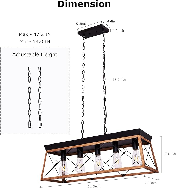 Dining Room Light Fixture/Chandelier Over Table, 5-Light Kitchen Island Lighting Hanging for Farmhouse Linear Chandeliers Matte Black Rustic Wood Pendant Ceiling Light Fixtures