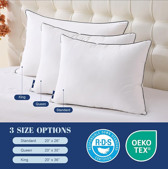 Goose Down Pillows Standard Size Set of 2, Luxury Hotel Collection Bed Pillow 2 Pack, Airyfil™ Powered Fillings & Feather Pillow，Soft Fluffy for Side, Back, Stomach Sleepers 20"x26"