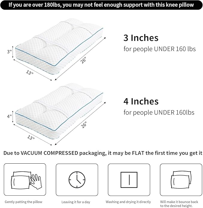 HOMBYS Cooling Knee Pillow for Side Sleepers with Straps-4 in Thick Leg Pillow for Spine Alignment, Lower Back Pain Relief - Pillow Between Legs Supportive and Breathable