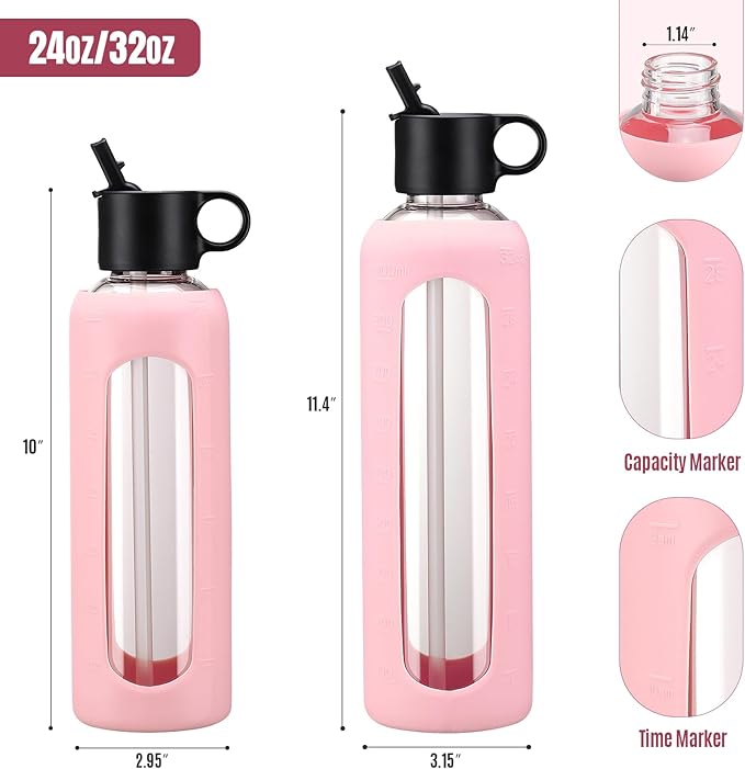 24oz Glass Water Bottle With 2 Lids-Flip Straw Lid, Bamboo Lid, Glass Water Bottle With Silicone Sleeve, Motivational Time Marker, Glass Juice Bottle for Cold Drink,Pink