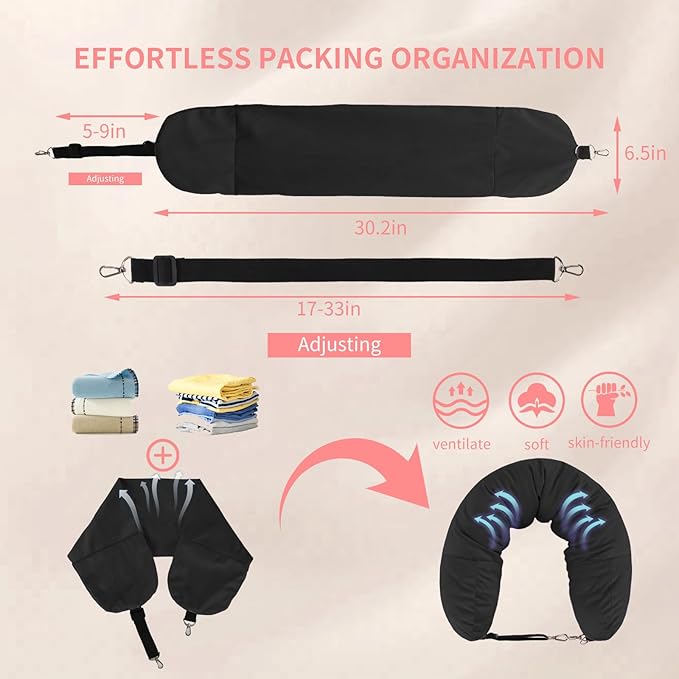 Stuffable Travel Pillow for Extra Luggage, Travel Neck Pillow Stuffable with Clothes, Stuffable Neck Pillow for Travel, Velvet Travel Neck Pillow Storage Bag, Fillable Luggage Pillow (Black)