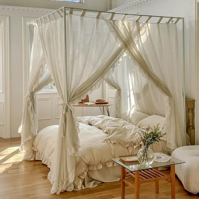 Mengersi Linen Canopy Bed Curtains,Bed Canopy Curtains Bed Drapes Sheer Curtains for Bedroom Decor (Ivory, King)