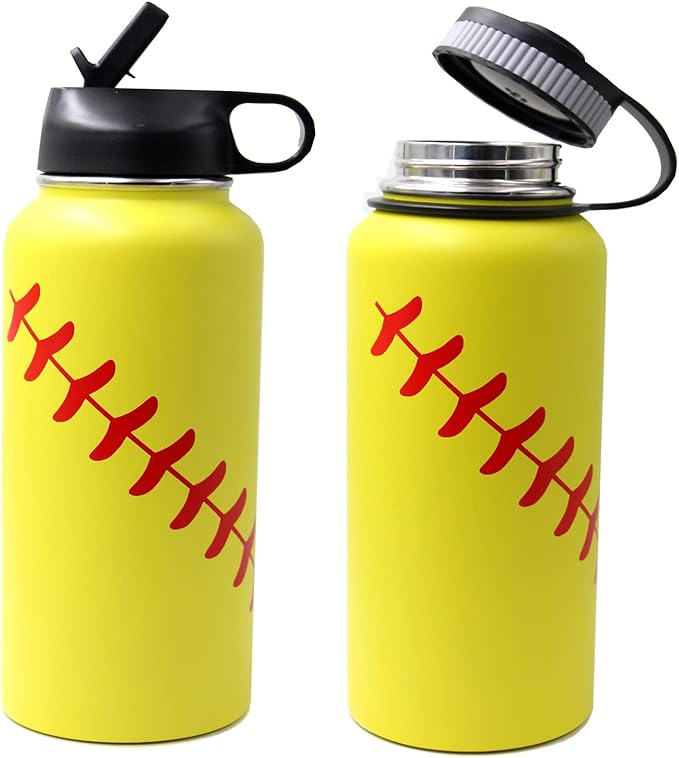 32 oz Softball Water Bottle, Flask Sports with 2 Lids Double Wall Vacuum Insulated Stainless Steel Wide Mouth Hot & Cold Thermo Mug (32oz, Yellow Softball)