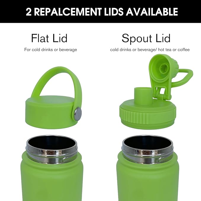 22oz Insulated Water Bottle ，Stainless Steel Sports Water Cup Flask with 2 Lids, Wide Mouth Travel Thermal Mug,Outdoor Sports Bottle（Lemon Green）