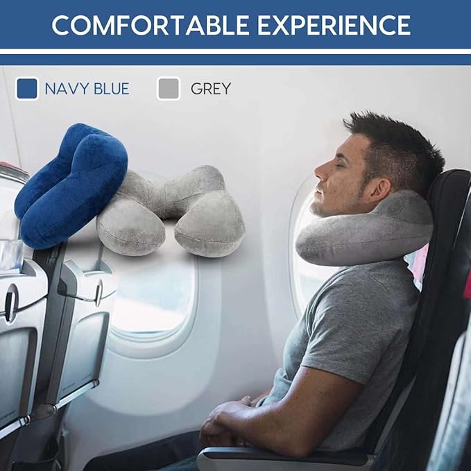 Inflatable Travel Pillow for Airplane Inflatable Neck Pillow for Traveling with Soft Velvet Washable Cover for Sleeping, Airplane,Train, Car, Office, Contoured Eye Masks, Earplugs