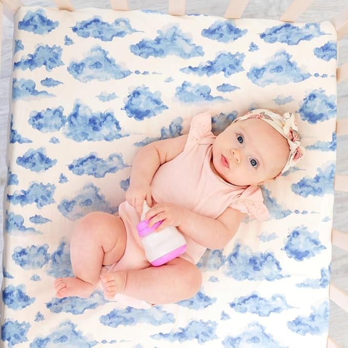 4 Pack Fitted Pack N Play Sheets for Baby Boys Neutral Unisex Breathable Soft Toddler Mini Crib Sheets for Pack and Play Mattress (Sky)