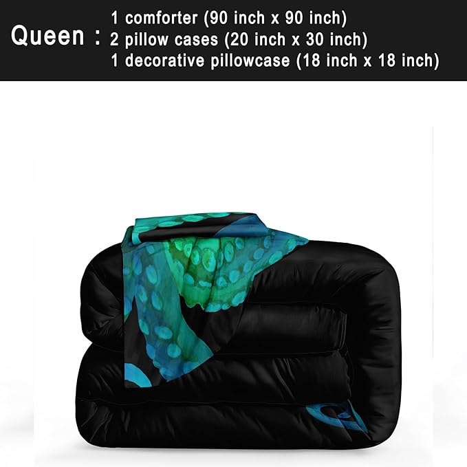 Bedbay Octopus Comforter Set Queen Size Ocean Animal Comforter Set for Kids Teens Sea Marine Themed Octopus Bedding Tentacles Pattern Queen Bedding Set(Octopus,Queen)