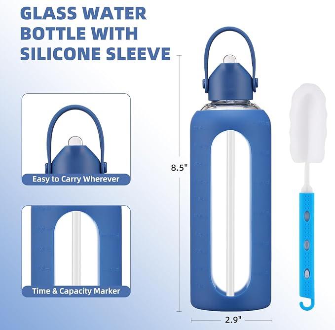 20 oz Glass Water Bottles with Straw Borosilicate Glass Water Bottle with Time Marker Motivational Water Bottles with Silicone Sleeve Leak Proof Reusable BPA Free