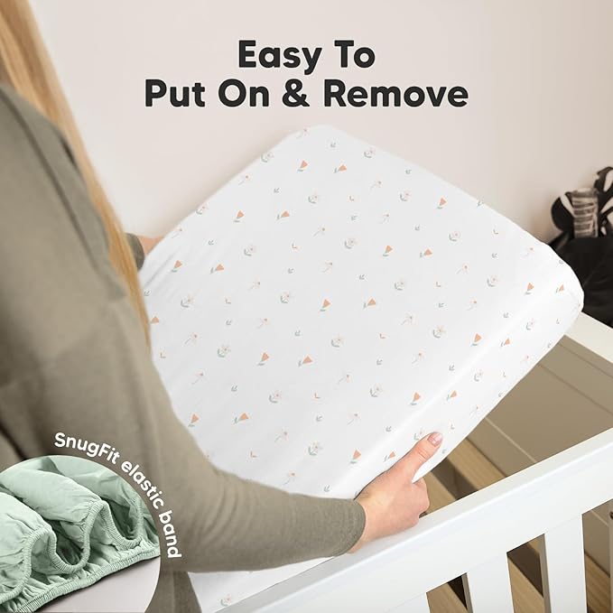 2-Pack Mini Crib Sheets Fitted, Pack and Play Sheets - Organic Cotton Pack N Play Sheets for Pack and Play Mattress, Playard Baby Crib Sheets, Jersey Crib Sheets Neutral for Boys, Girls (Wildflowers)