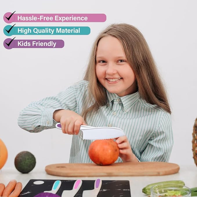 Kids Knife Set of 3 - Firm Grip, Serrated Edges & Safe – Colorful Nylon Toddler Knife Set to Cut Fruits, Salad, Cake, Lettuce (Purple Multi)