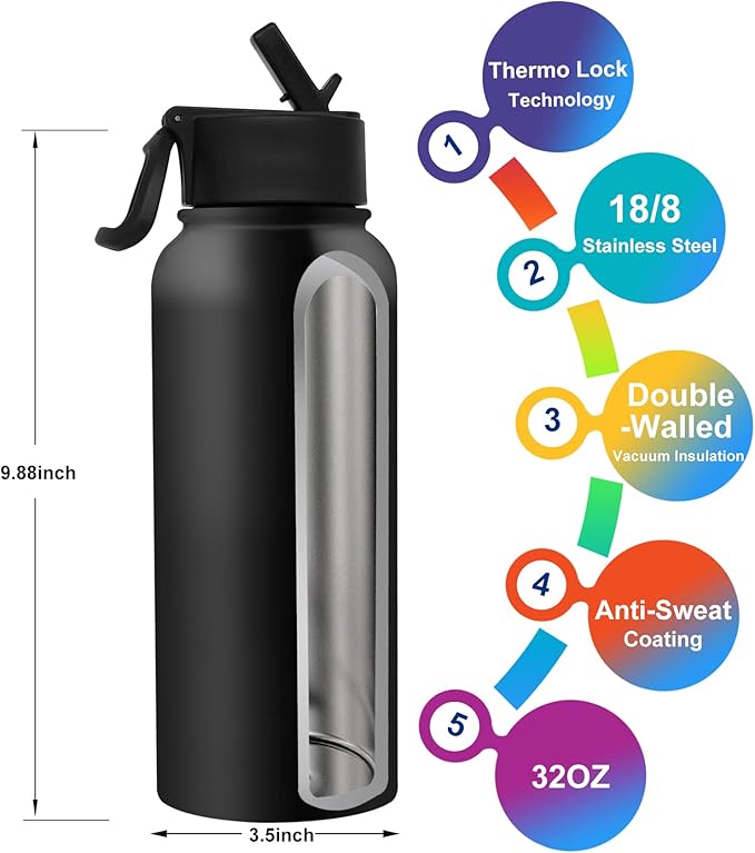 32 Oz Water Bottle, Sports Water Bottle with Straw Lid, Vacuum-Insulated Stainless-Steel, Double-walled Thermos Water Bottle (Black, 32 OZ)