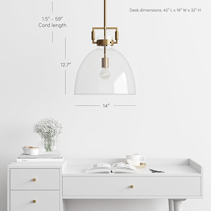 Nathan James Leigh Pendant Lighting, Hanging Ceiling Light with Oversized Glass Shade and Adjustable Cord, for Kitchen Island or Entryway, Vintage Brass/Clear