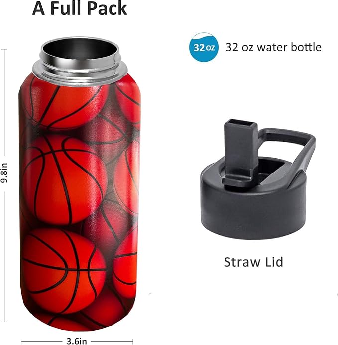 32 oz Basketball Water Bottle Insulated Vacuum Stainless Steel Sports Water Bottle with 2 Lids (Straw and Spout Lid) for Gym Camping Hiking