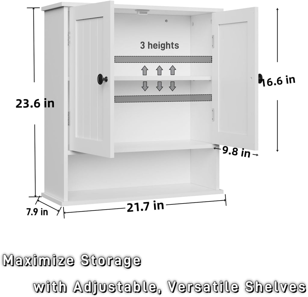 Bathroom Cabinet Wall-Mounted, White Storage Cabinets with Adjustable Shelves, Space-Saving Organizer with 2 Doors for Bathroom, Laundry, Kitchen - Moisture Resistant & Easy Install