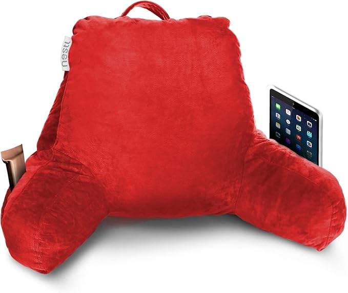 Nestl Reading Pillow for Kids, Small Bed Pillow, Back Pillow for Sitting in Bed, Memory Foam Chair Pillow, Reading & Bed Rest Pillows, Cherry Red Back Pillow for Bed, Arm Pillow with Pockets