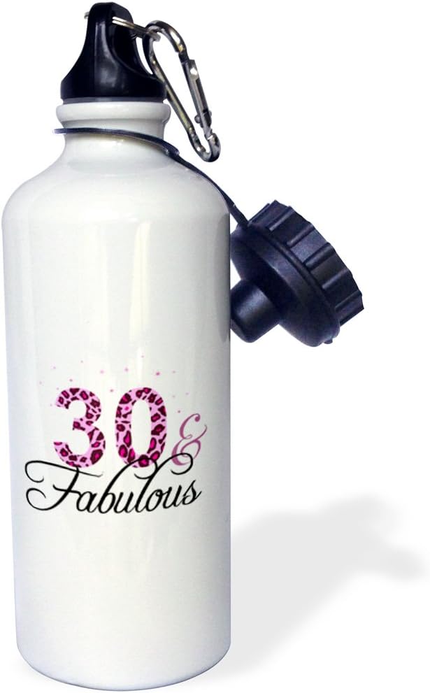 3dRose "30 and Fabulous-fun girly birthday gift-black and hot pink leopard print pattern bday diva text" Sports Water Bottle, 21 oz, White