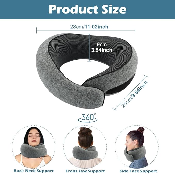 Travel Neck Pillow with Eye Covers,2pcs Earplug and Drawstring Bag,Memory Foam Travel Pillow,360° Adjustable Full Surrounding Flying Neck Pillows,for Traveling,Car,Home,Office