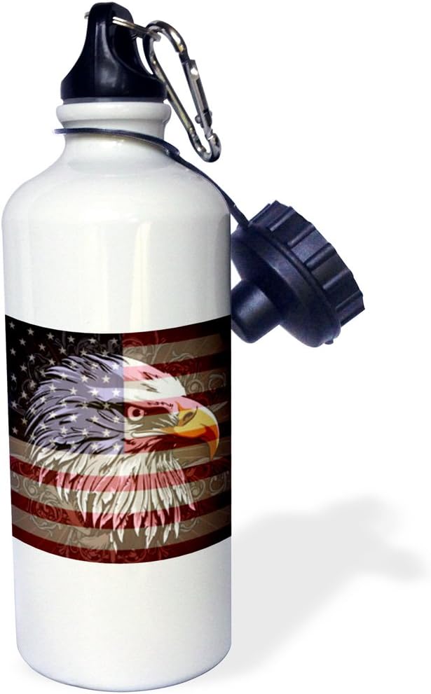 3dRose "Ornate Patriotic Bald Eagle and USA American Flag Pride Great for Fourth Of July Independence Day" Sports Water Bottle, 21 oz, White