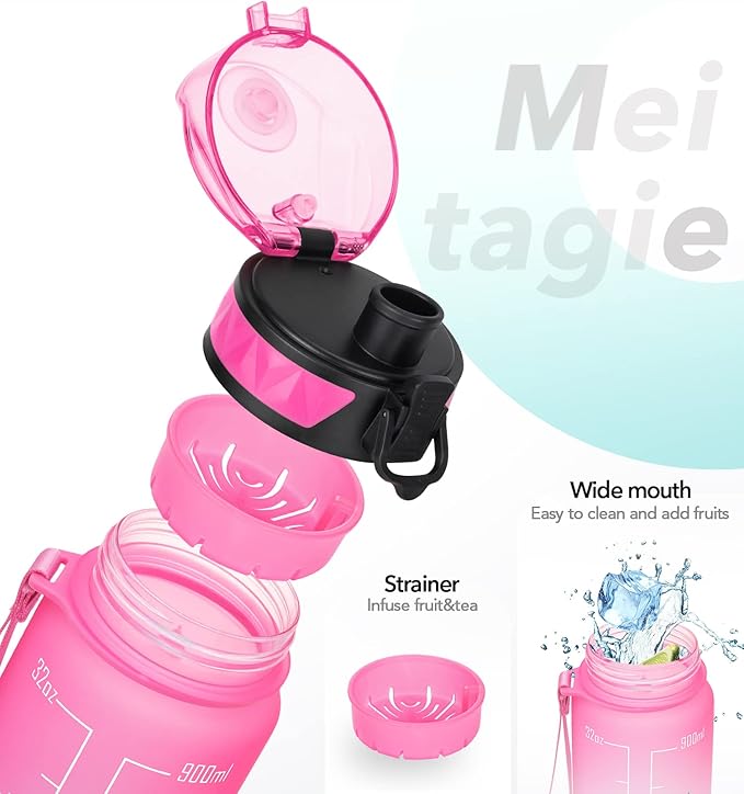 32oz/26oz Motivational Water Bottle with Time Marker & Fruit Strainer, Leak-proof BPA Free Non-Toxic 1l Bottle with Carrying Strap, Perfect for Fitness, Gym and Outdoor Sports, Plastic