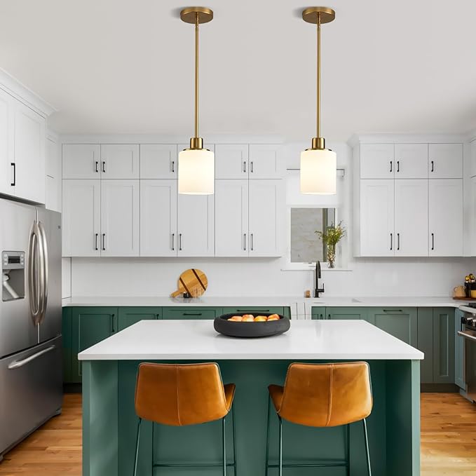 Matte Brass Pendant Lights Kitchen Island - Milk Glass Pendant Light Fixture Multiple Stems Rods 3 Units 12 Inch 3 Units 4 Inch (2 Pack Brass Downrod)