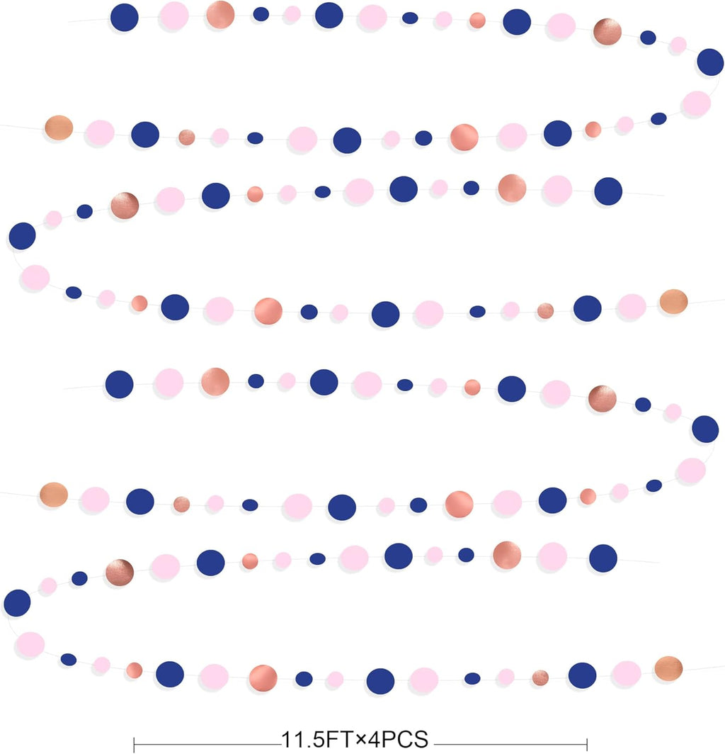 46Ft Navy Blue Blush Circle Dot Garland Royal Blue Pink Rose Gold Hanging Paper Polka Dot Streamer for Gender Reveal Baby Shower Birthday Engagement Wedding Bridal Shower Anniversary Party Decorations